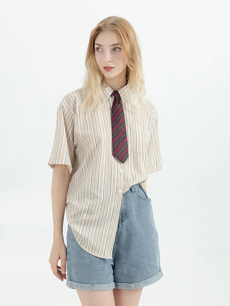 Camisa a rayas de estilo pijo con corbata para mujer, Tops coreanos elegantes de manga corta Y2k que combinan con todo, blusa Vintage Harajuku para