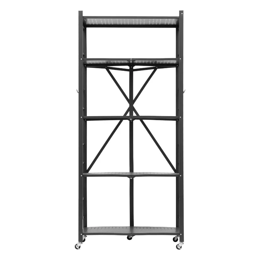 

5-ярусная складная полка для хранения 28x15x64 дюйма, металлический складной стеллаж без сборки, органайзер с 5 колесами