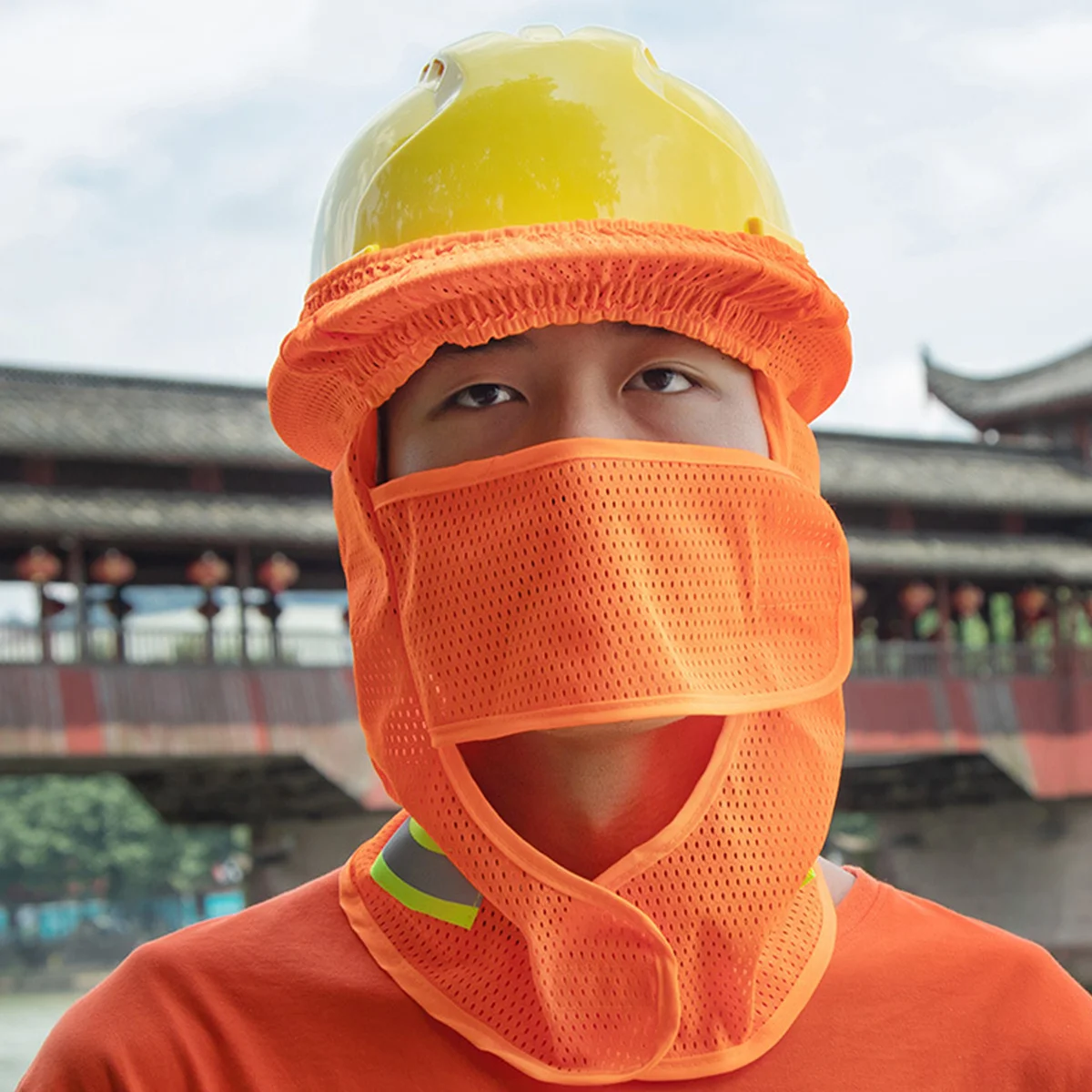 Cover with Sun Shade and Neck Protection Orange Reflective Stripe Mesh Protector for Outdoor Work High Visibility