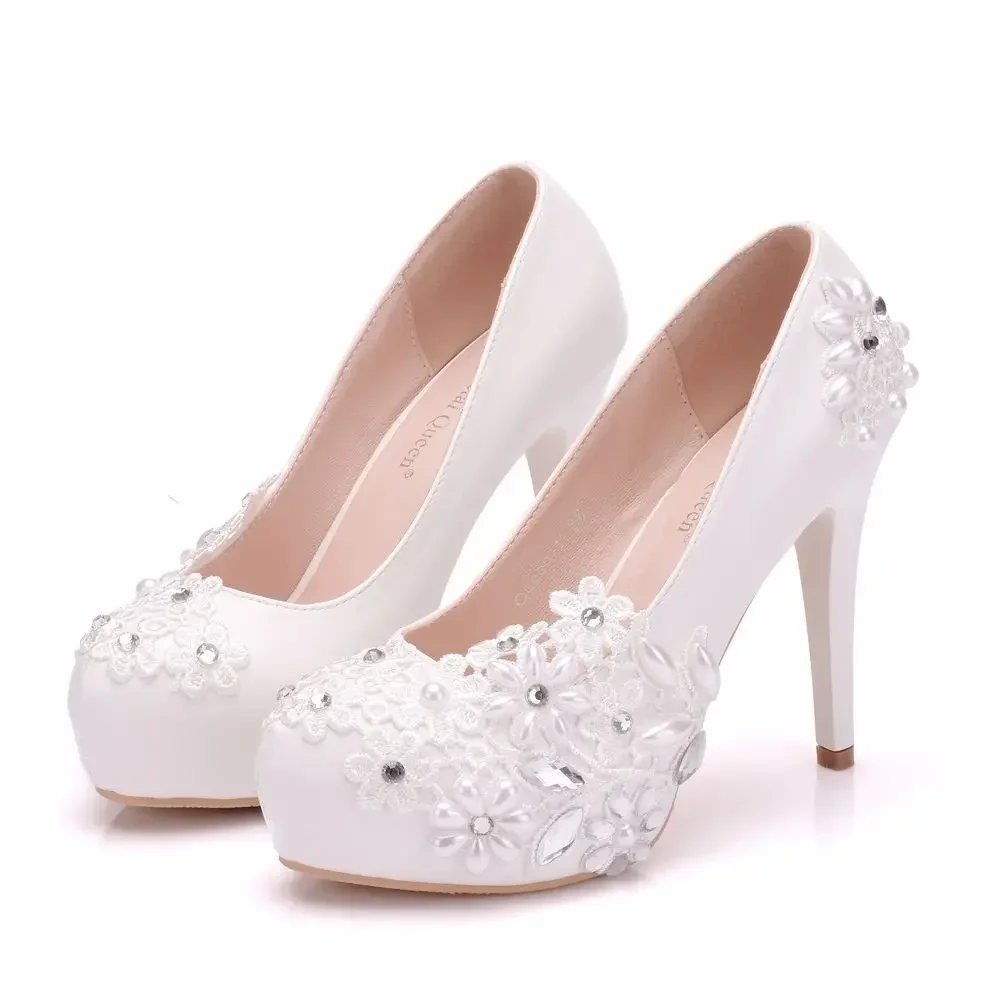 Sexy High Heels Women Pumps Wedding Platform Rhinestone Flower PU 14CM Thin Heels Slip on Office Ladies Slip on Shoes Woman