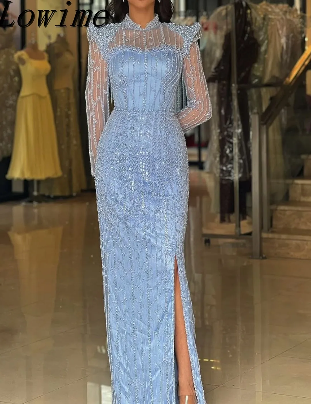 Arabic Long Sleeves Evening Dresses Elegant Mermaid Blue Mermaid Prom Dress Robes De Soiree Crystals Engagement Party Gowns 2025