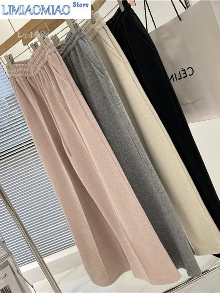 

New Soft Waxy Woolen Knitted Wide Leg Pants Women Autumn Winter Thick Elastic Waist Casual Sweatpants Floor Length Pants