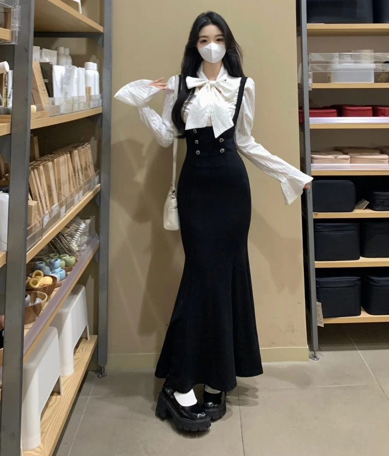 Plus Size Dames Jarreteljurk + Overhemd Tweedelige set Herfst/winter High-end Geavanceerde temperatuur Billen Fishtail Lange rok