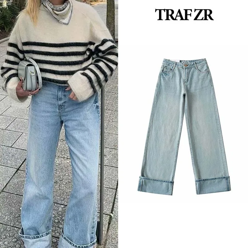 TRAF ZR Street Jean Baggy Pants for Women Autumn Full Length Woman Trousers Newjeans Ladies Fashion Distressed Denim Pants