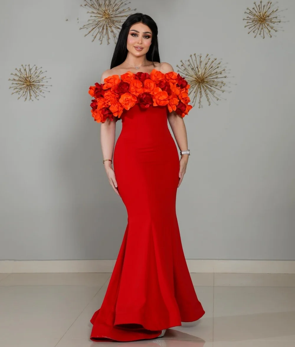 

Customized Jersey Handmade Flowers Mermaid Off the Shoulder Red Long Dresses Bespoke Occasion Party Gown Elegant Engagement