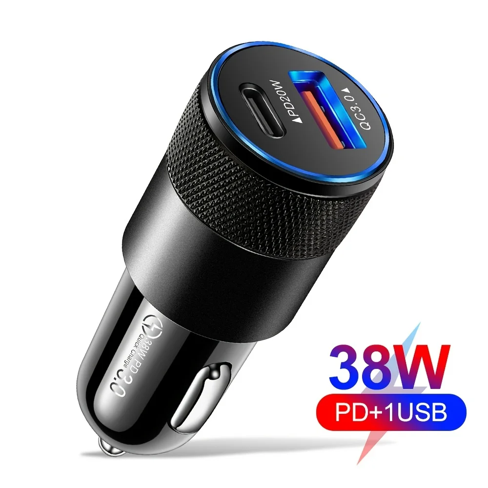 38W USB Car Charger, Quick Charge 3.0 Type-C Fast Charging Phone Adapter For IPhone 13 12 11 Pro Max, For Redmi/Huawei/Samsung