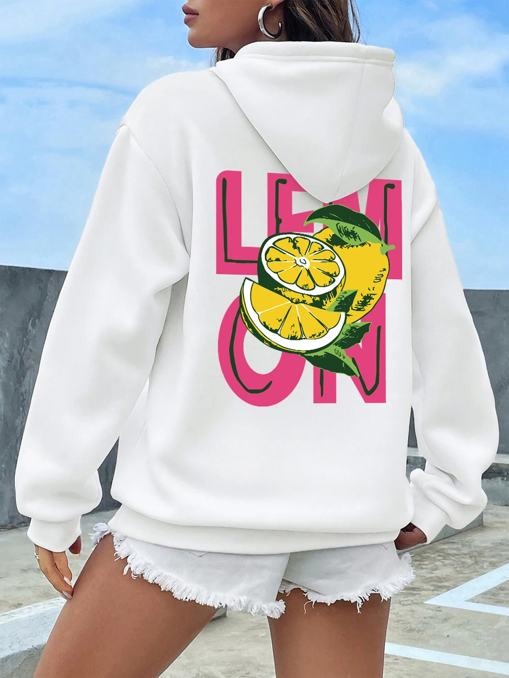 レモンプリントパーカーレディース快適なルーズスウェット冬フリース暖かいプルオーバー基本カジュアルポケット梨花服