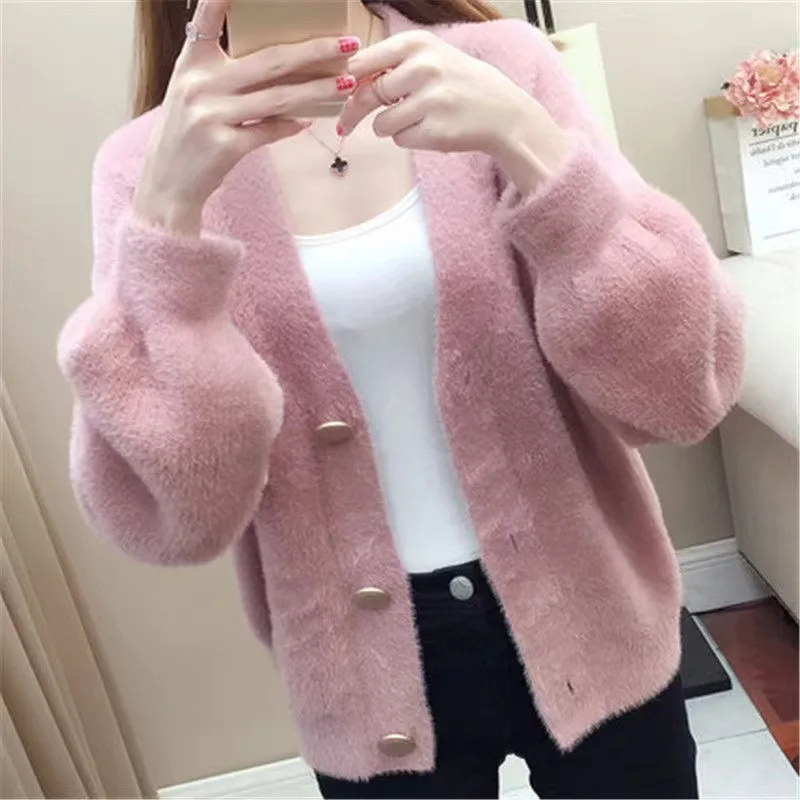 2023 Spring And Autumn New Korean Edition Imitation Mink Fleece Knitted Cardigan Coat 'S Short Sweater Loose Outerwear Top