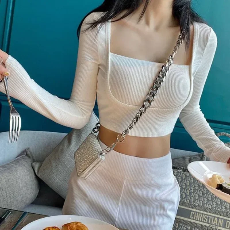 Sexy Y2k Crops T-shirts Women Fake Two Piece American Harajuku Pure Casual Femme Ropa Retro Thin Streetwear Gothic Chic Hotsweet