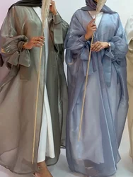 Zomer Eid Djellaba Abaya Dubai Glanzende Zachte Pofmouwen Moslim Jurk Zijdeachtig Abaya Dubai Kalkoen Moslim Jurk Islam Abayas