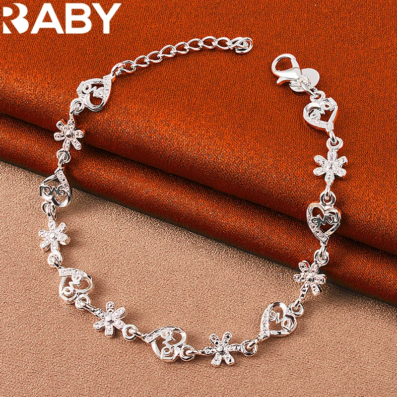 

URBABY 925 Sterling Silver Flower Heart Bracelet Chain For Woman Wedding Engagement Party Fashion Charms Jewelry Gifts