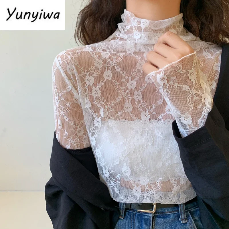 Blouse Women Sexy Black White Long Sleeve Hook Flower Hollow Lace Elegant Turtleneck Trendy Basic Vintage All-match Summer Lady