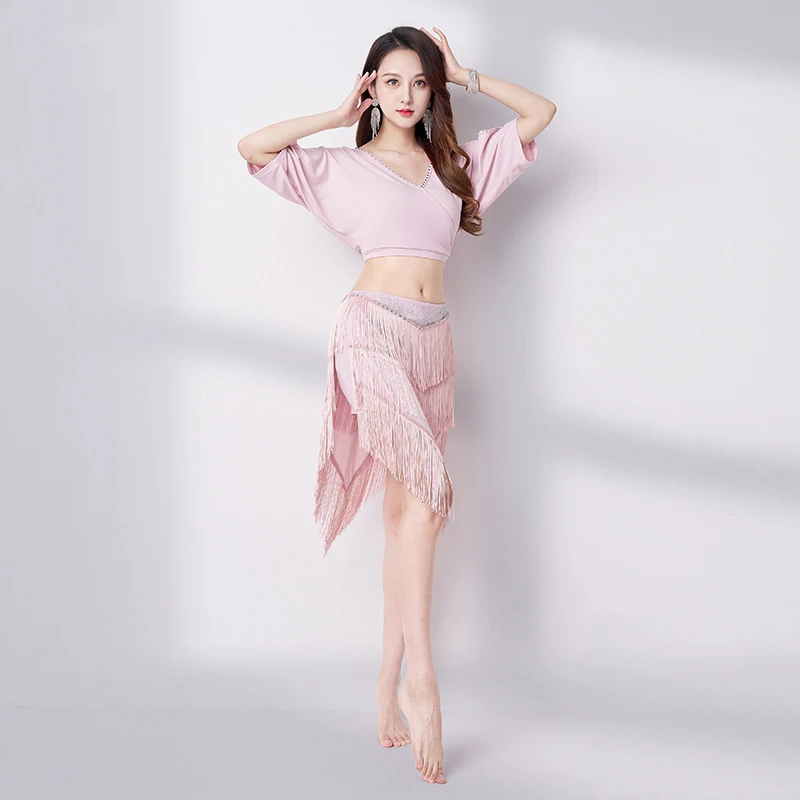 Belly Dance Training Suit V-neck Sexy Short Sleeves Top+Tassel Skirt Women Oriental Dance Performance Set Female Practice Outfit