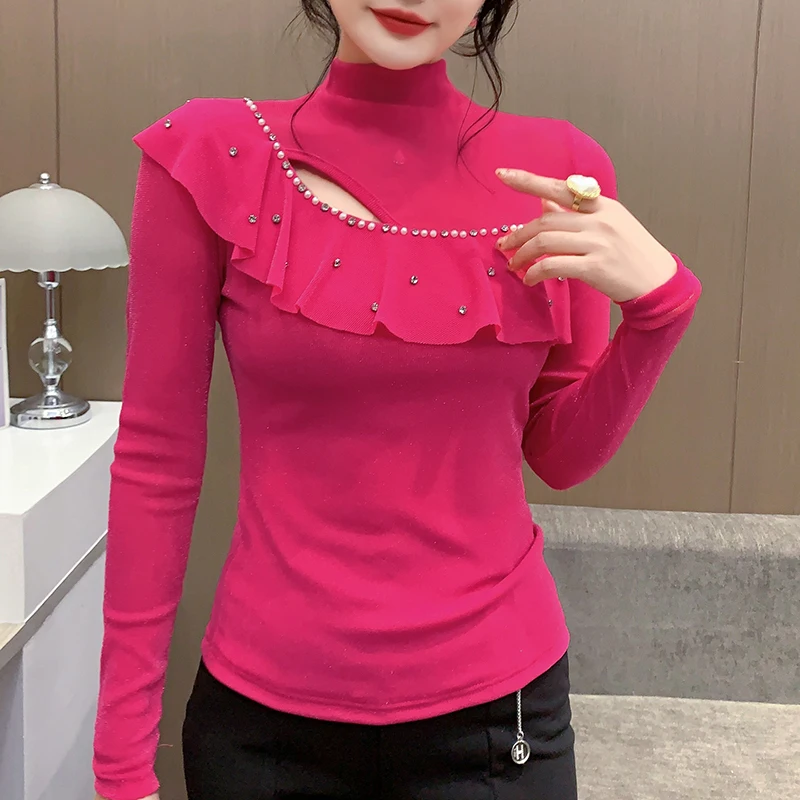 

2024, новая европейская одежда, осенне-зимняя футболка, шикарная сексуальная водолазка с блестящими бриллиантами, женские топы, футболки с длинными рукавами 48034