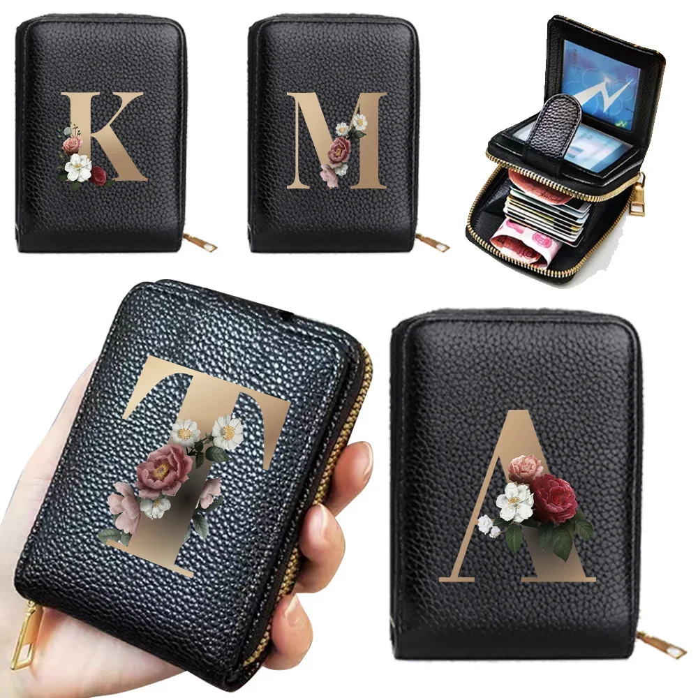 Wallet Women Zipper Credit Card Holder Rfid Blocking Pocket Purse with ID Window Female Coin Purse Fashion Gold Letter Pattern