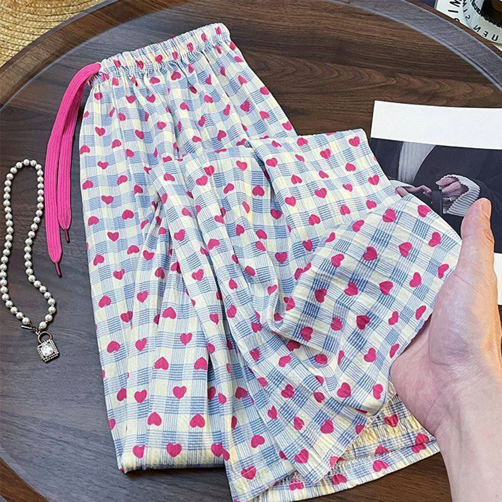 

Широкие брюки с принтом в виде сердечек для женщин, эластичные, с высокой талией, повседневные, удобные, для отдыха, летние, пляжные, для отпуска