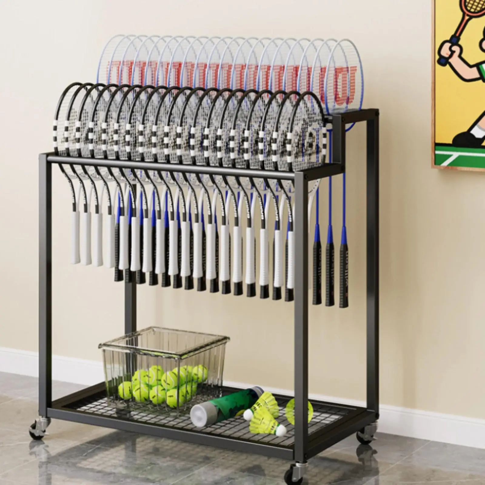 Badminton Racket Display Stand Double Layer Slotted Holder with Shuttlecock Shelf Mobile Cart for Athletic Spaces