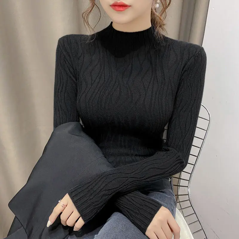 Autumn Winter New Solid Color Fashion Long Sleeve Sweater Women High Street Casual Slim Screw Thread Pullovers Elegant Chic Top