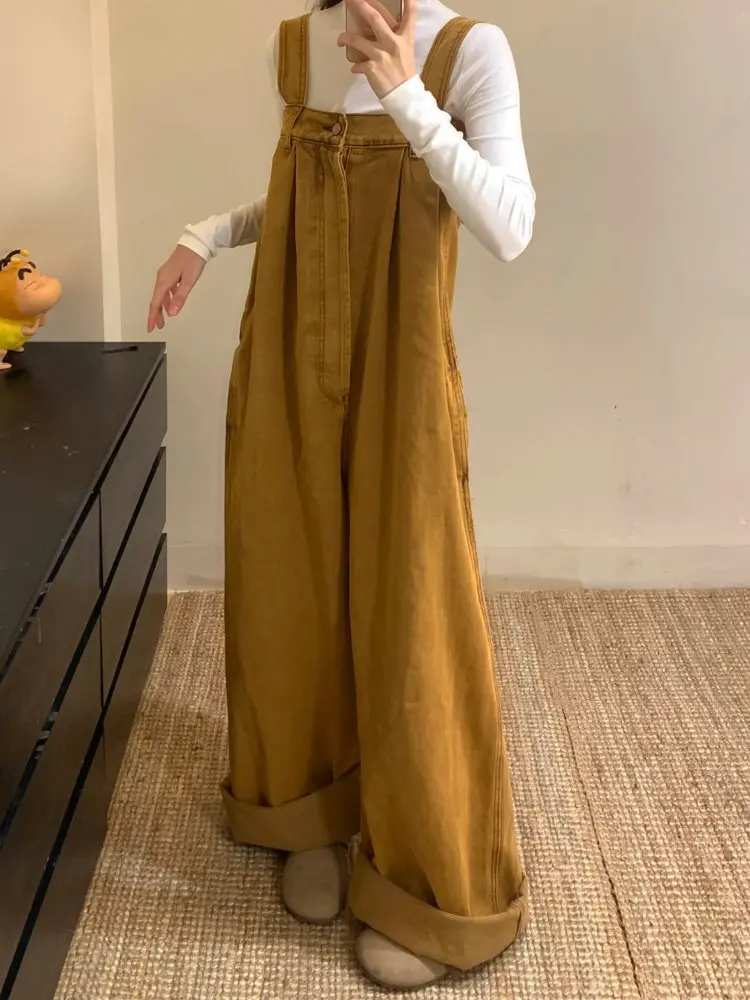 Spring and Summer New Women's Denim Overalls Loose Retro High Waisted Long Jumpsuit