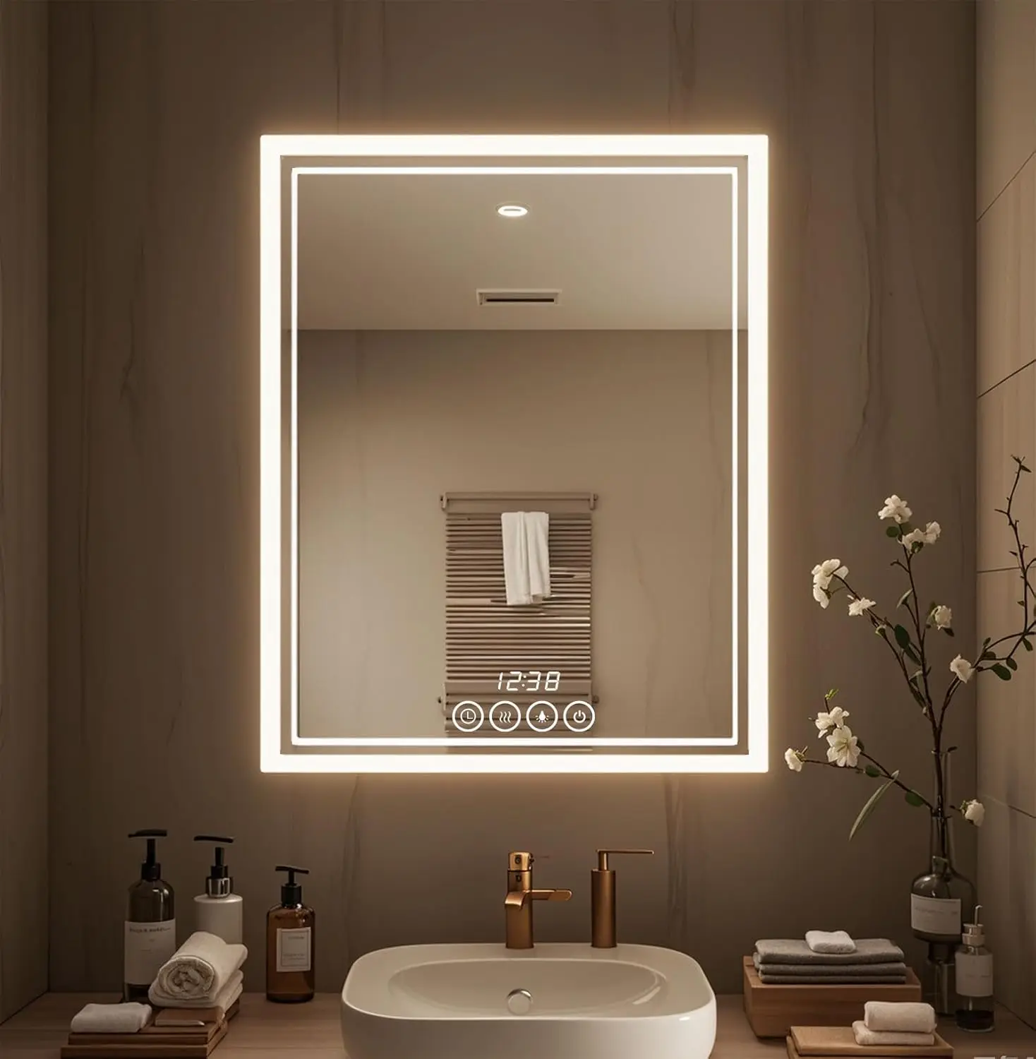 Wall-Mounted Bathroom Mirror With Led-Lights - 19 X 24 Inch Frame Vanity Mirrors With Dimmable (19