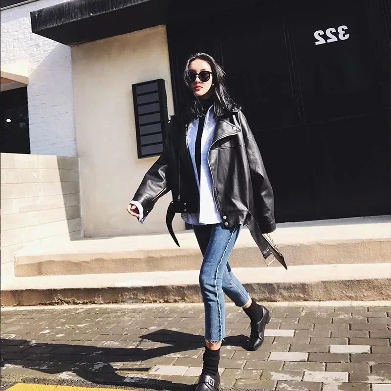 Women Loose Pu Leather Jacket Black Soft Faux Leather Jacket Street Moto Biker Leather Coat Jacket Lady Casual Outerwear