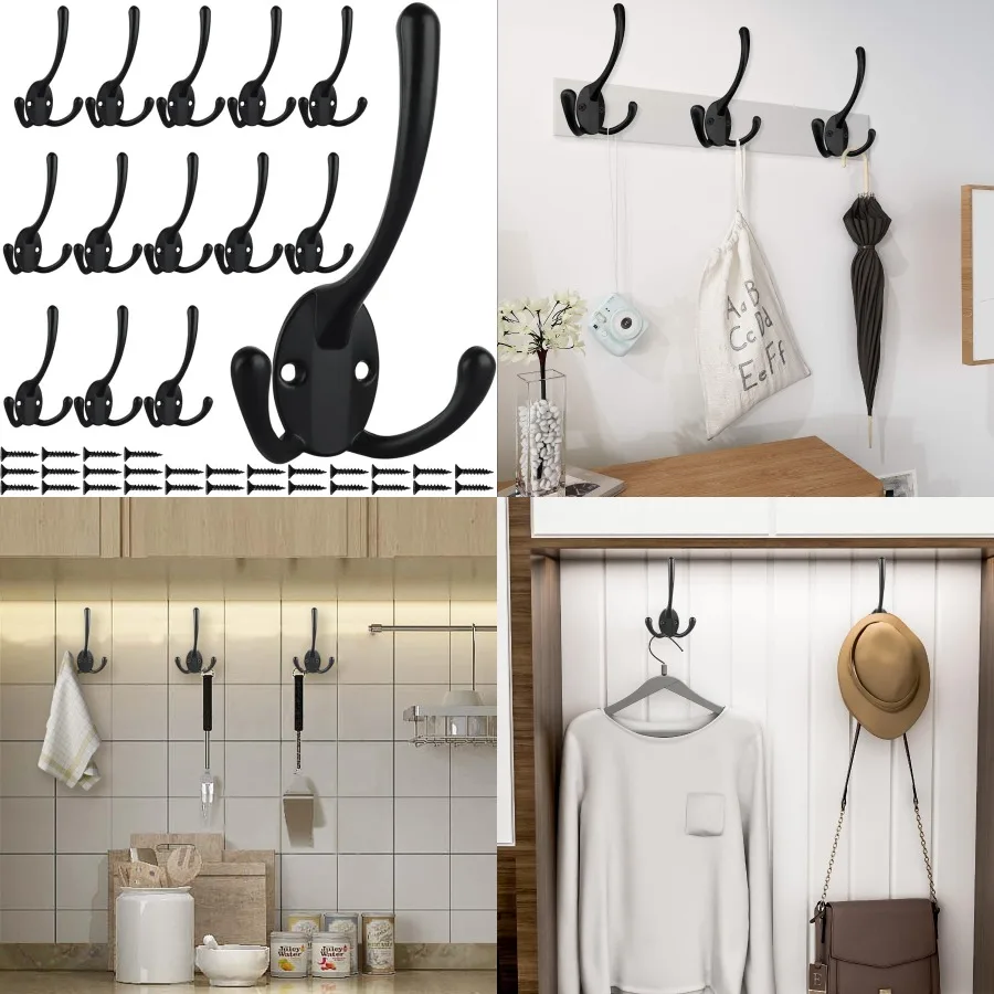 

14 упаковок больших сверхмощных тройных крючков для одежды, настенных кронштейнов с 28 винтами, черные настенные крючки в стиле ретро с тремя зубцами для пальто, сумки, полотенец Umb