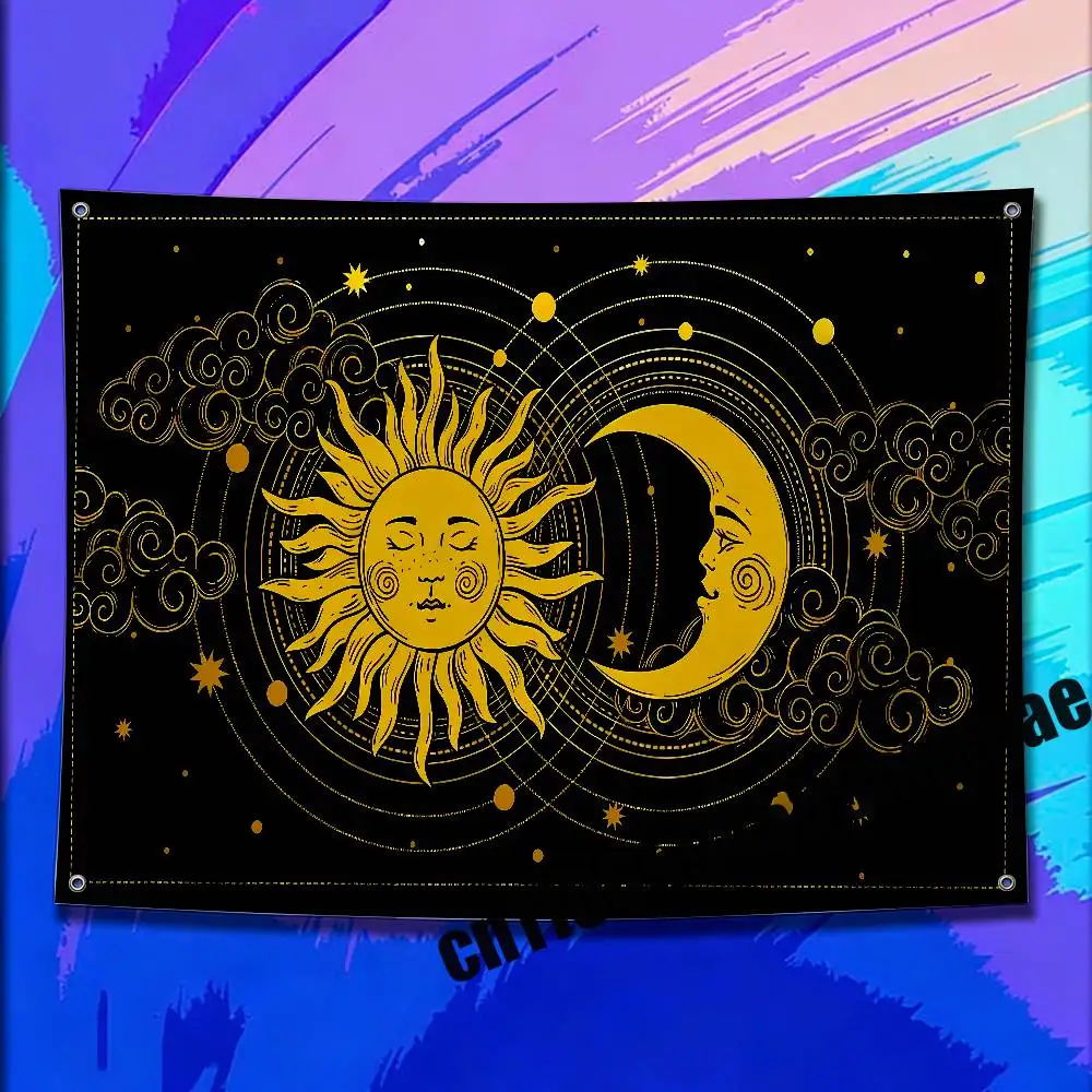 

For Boho Golden Sun Moon Crescent with Stars Flag 150*200cm 60cm 80*120cm 100*150cm 50*70cm Outdoor Wall Banner Tapestry Cover