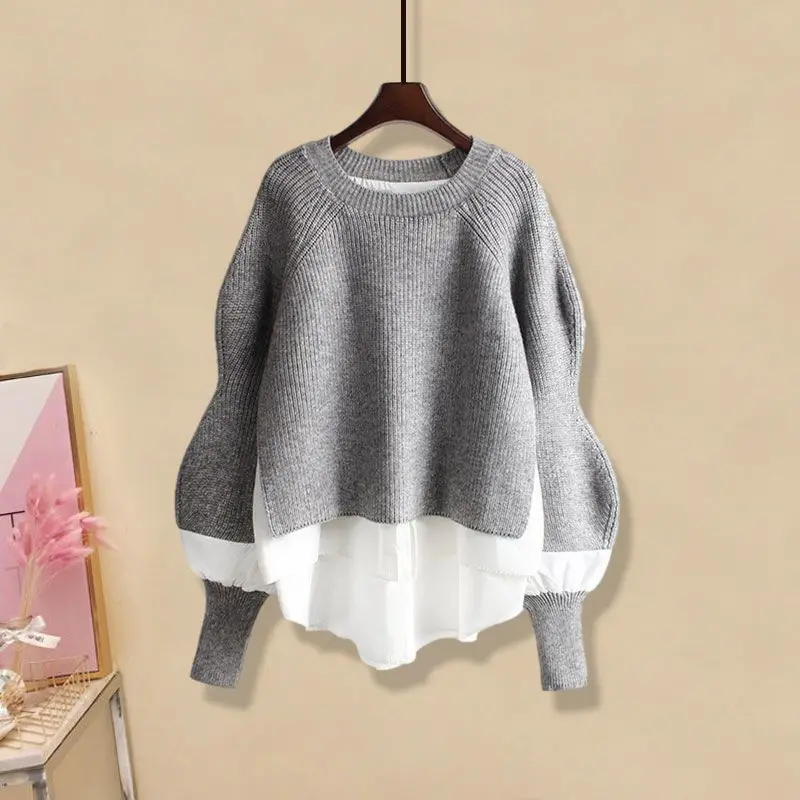 Fashion Solid Color Patchwork Knitted Jumpers Female Clothing Korean Loose Spring Autumn Casual All-match Long Sleeve Sweaters