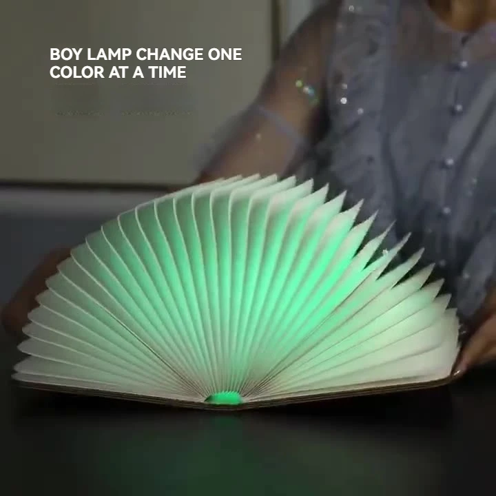 Lámpara de libro de madera: luz nocturna plegable LED de 3 colores con páginas talladas y modo de cuidado de los ojos
