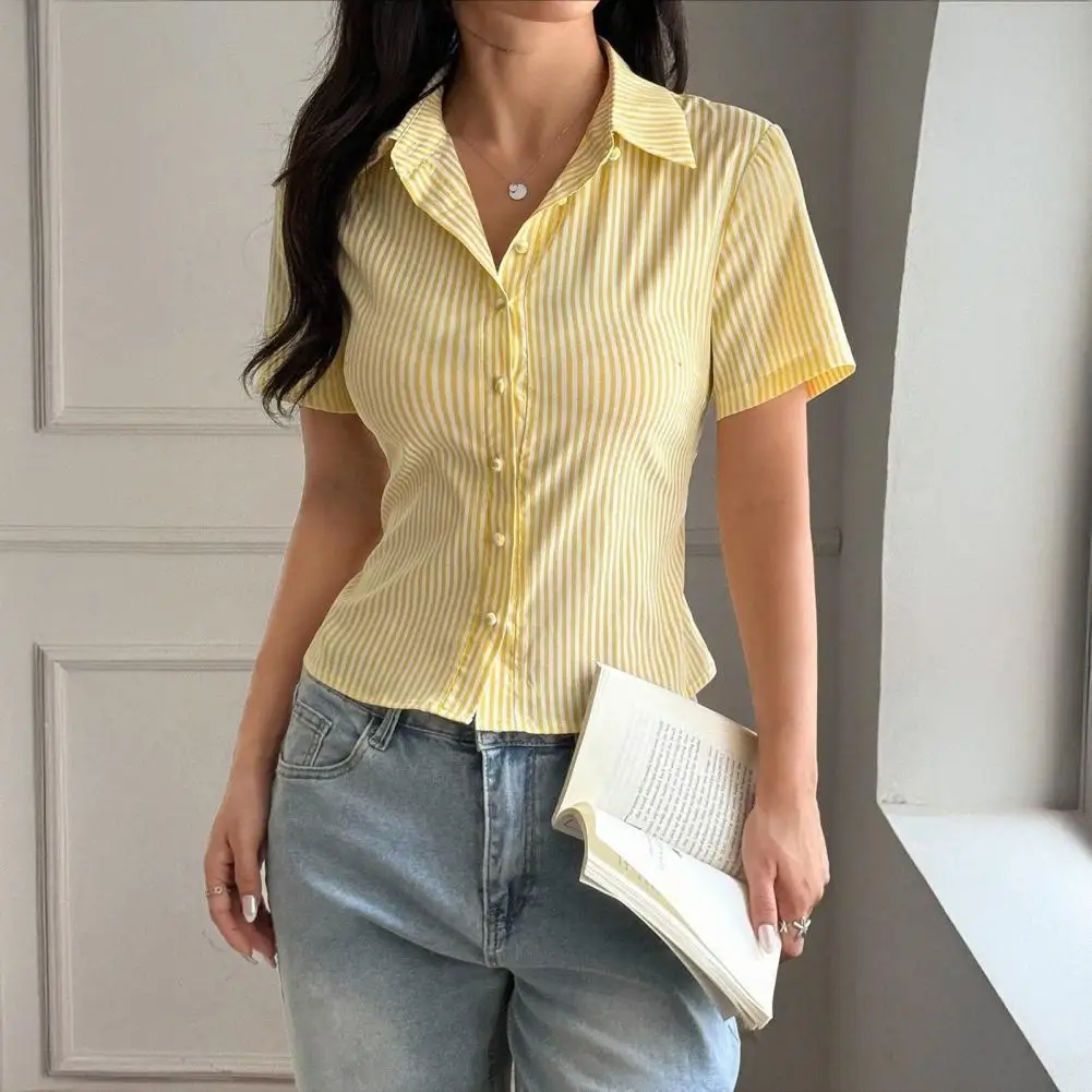 

Women V-neck Shirt Women’s V Neck Shirt Short Sleeve Striped Top Slim Fit Summer Blouse Versatile Commuting Style Tee Women