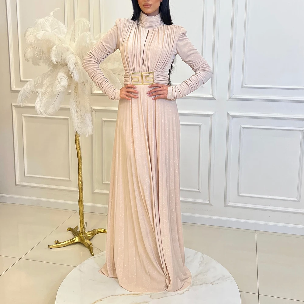 Floor Length Straight High Neckline Jersey Long Sleeves Pleats Sweep Train Solid Color Classic Celebrity Dress Quinceanera Gowns