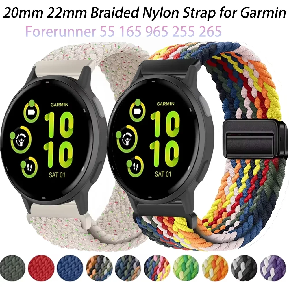 20mm 22mm Braided Nylon Straps for Garmin Forerunner 55 165 965 255 265 Vivomove Trend/Active 5/Venu 3/2 Magnetic Bracelet Band