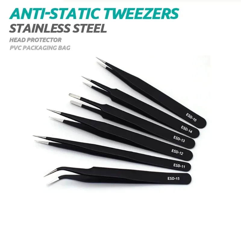 

6PCS Anti-Static Stainless Steel ESD Tweezers Precision Maintenance Repair Hand Tool Set For Electronics Repair Soldering Craft