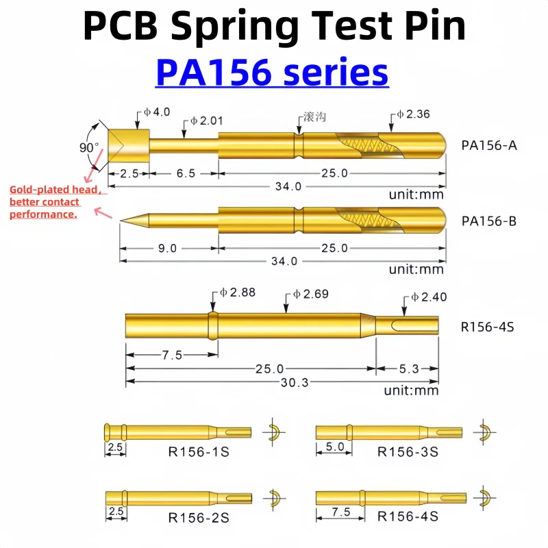 PA156 Series Gold Plated Brass Spring Test Probe Test Pin Pogo Pin Detection Needle PCB Test Tool P156-B PA156-B1 34mm 2.36mm
