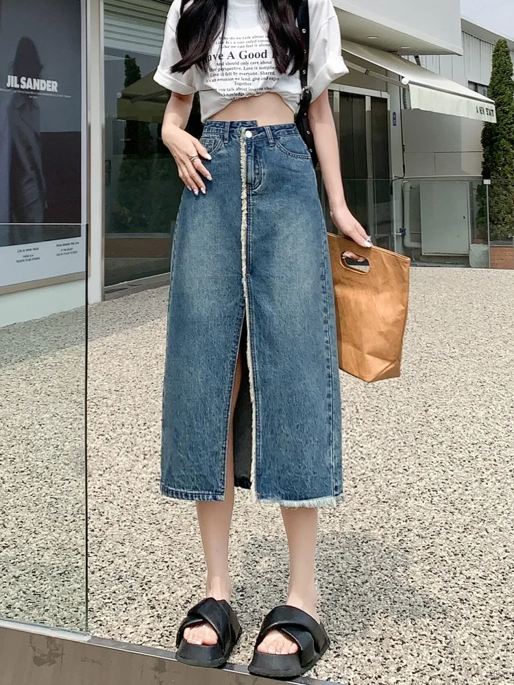 

GUUZYUVIZ Split Denim Skirt Women Summer New High Waist A-line Mid Length Wrapped Hip Versatile Loose Fit Jean Skirts For Ladies