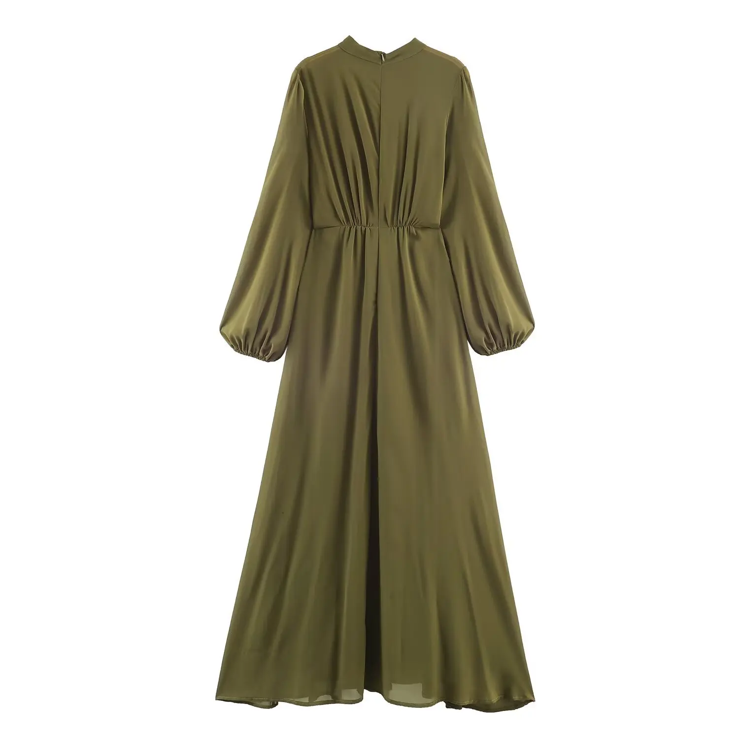 Elegant Green Pleated Maxi Dress For Women 2026 Spring Vintage Lantern Long Sleeve High Waist A-Line Long Robe Chiffon Dress