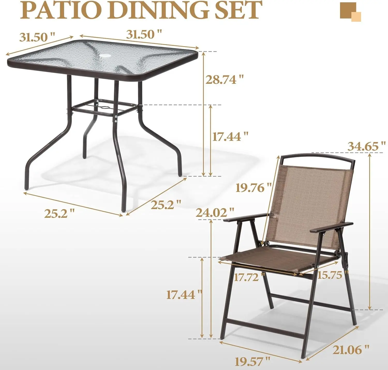 Crestlive Products 5-piece terrace dining set, equipped with 4 folding chairs and a table with glass tabletop umbrella holes