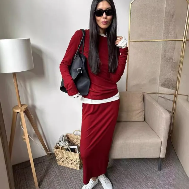 

Women's Soft Loose Suit Women's Casual Two Piece Long Sleeve T-Shirt And High Waist Dress Set Activewear