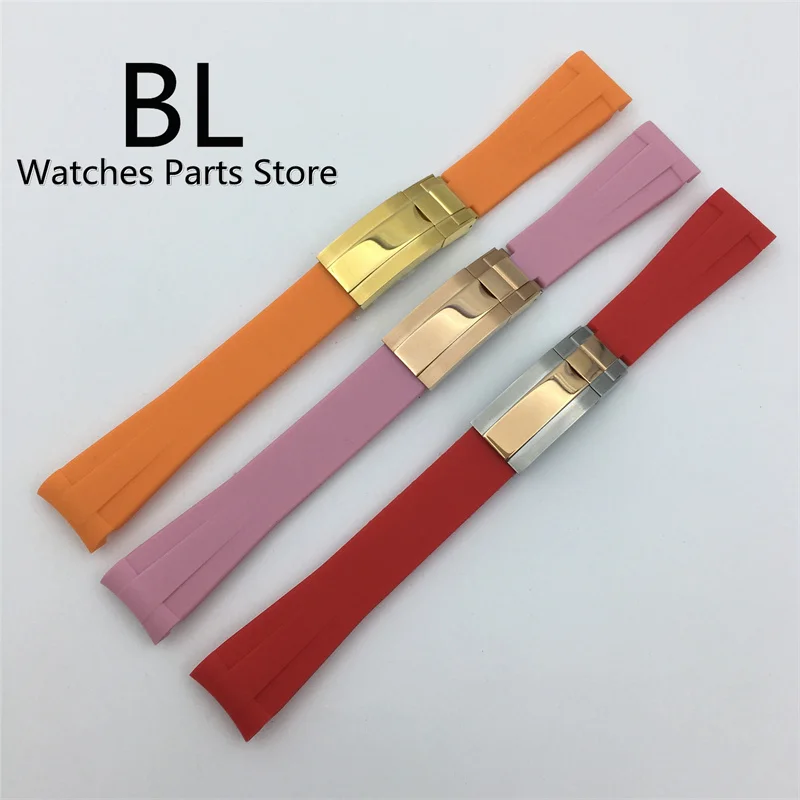 BLIGER 20mm Watch Band Black Red Orange Pink Rubber Strap Silver Rose Gold Bracelet Glide Buckle Fit 36mm/39mm/40mm/41mm Case