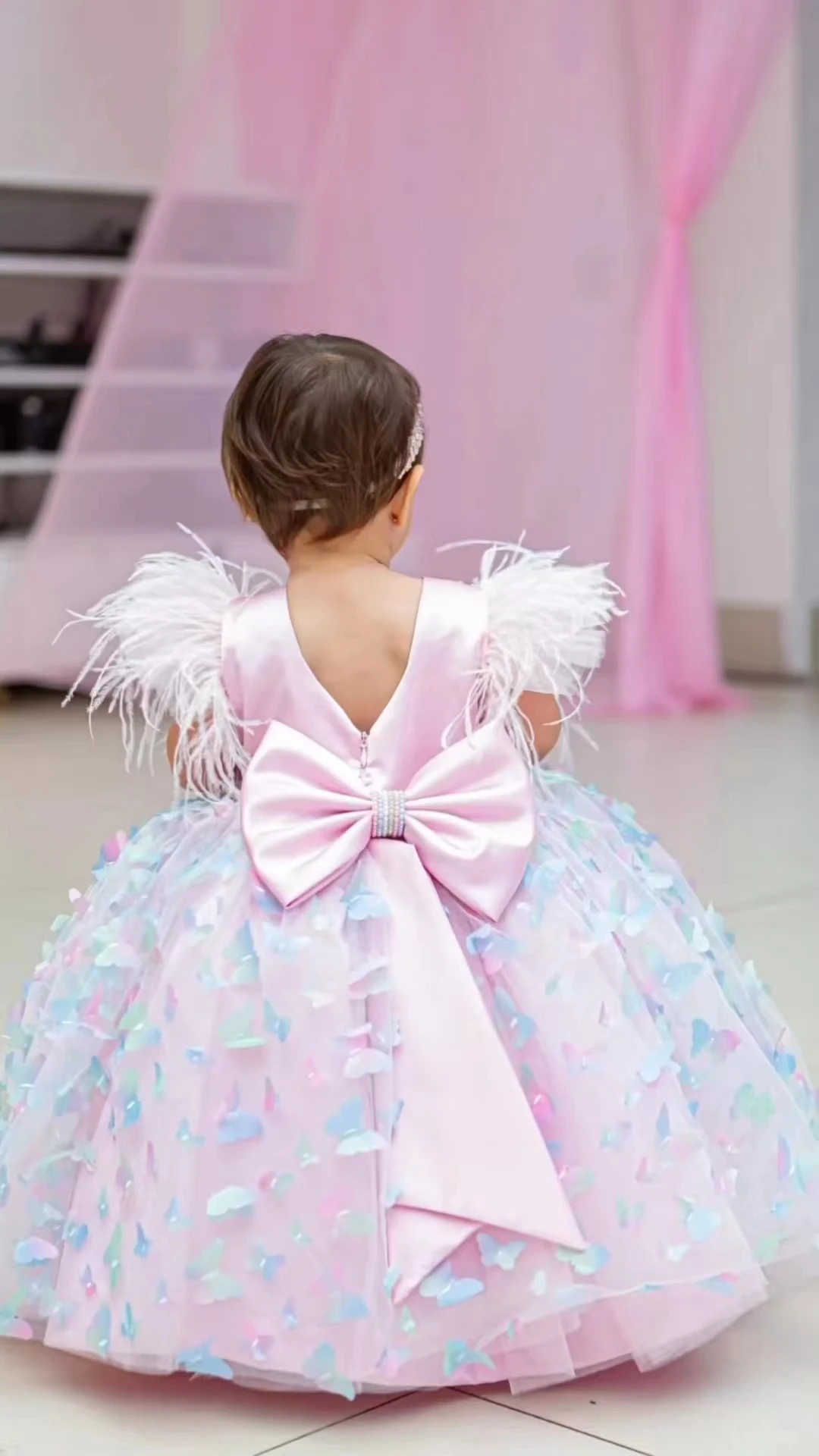 3D Butterfly  Feather Sleeve Flower Girl Dress Luxury Princess Pageant Party Ball Gown Dress for Girls