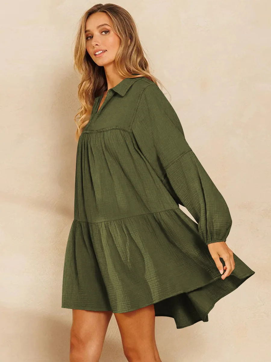 Simplicity Women Long Sleeve Casual Dress Coffee Color Girls Lotus Ruffle Skirt 2023 Summer New Arrive Simple Ladies Clothes