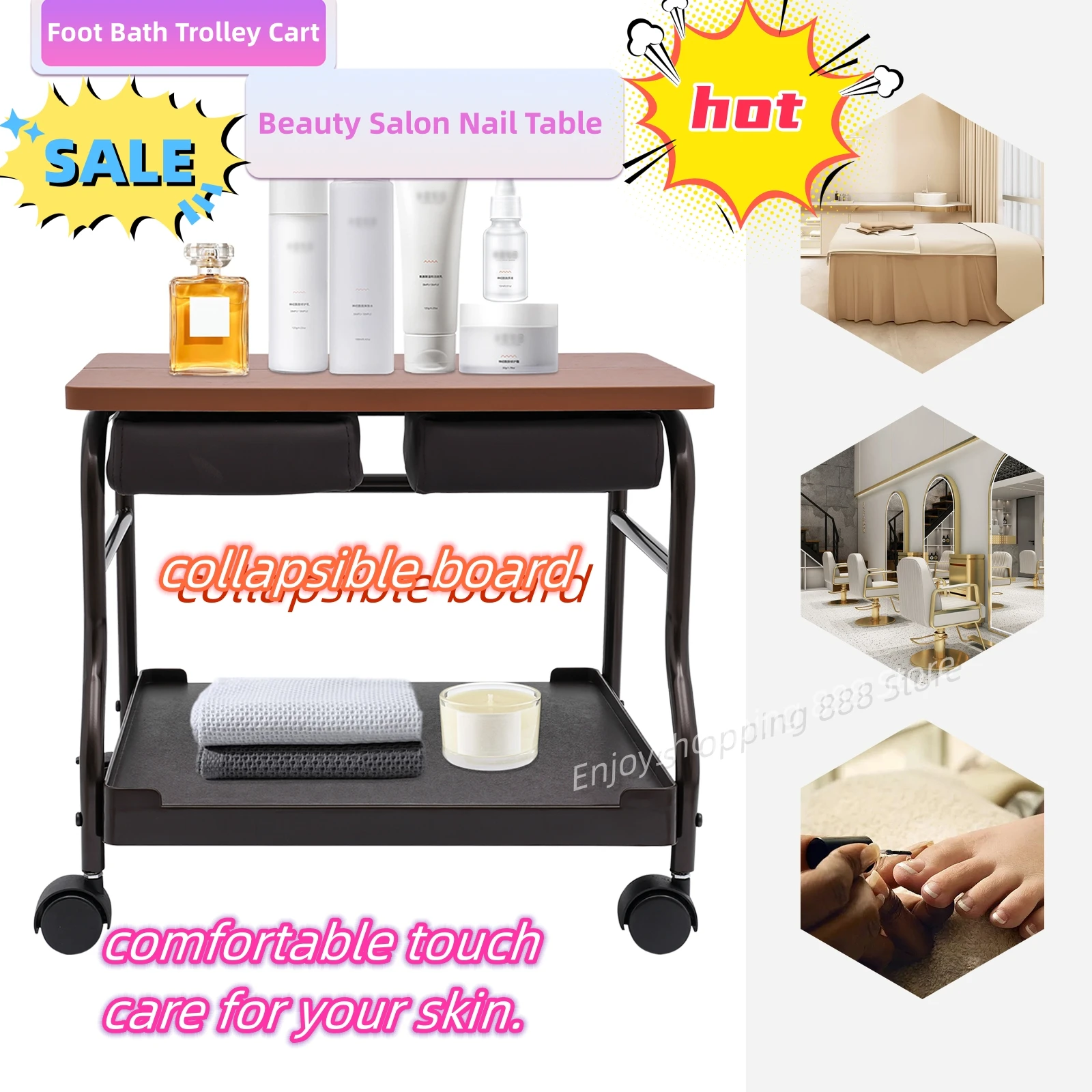 Foot Bath Trolley Cart Beauty Salon Nail Table with Wheels & Storage Rack for Massage Rest Pedicure Load 39.7lbs