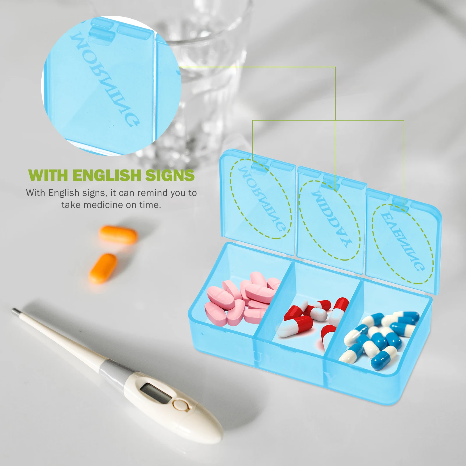 

Weekly Pill Organizer 21 Compartment Portable Medicine Container Travel Holder English Signs Flip Cover Design