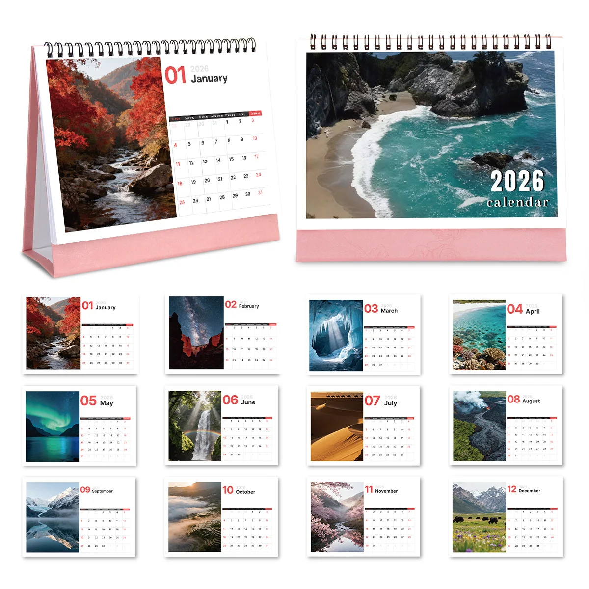 

1PC Breathtaking Nature Landscape-Themed Desktop Calendar for Office Desk & Living Room Use Ideal 2026 New Year Gift