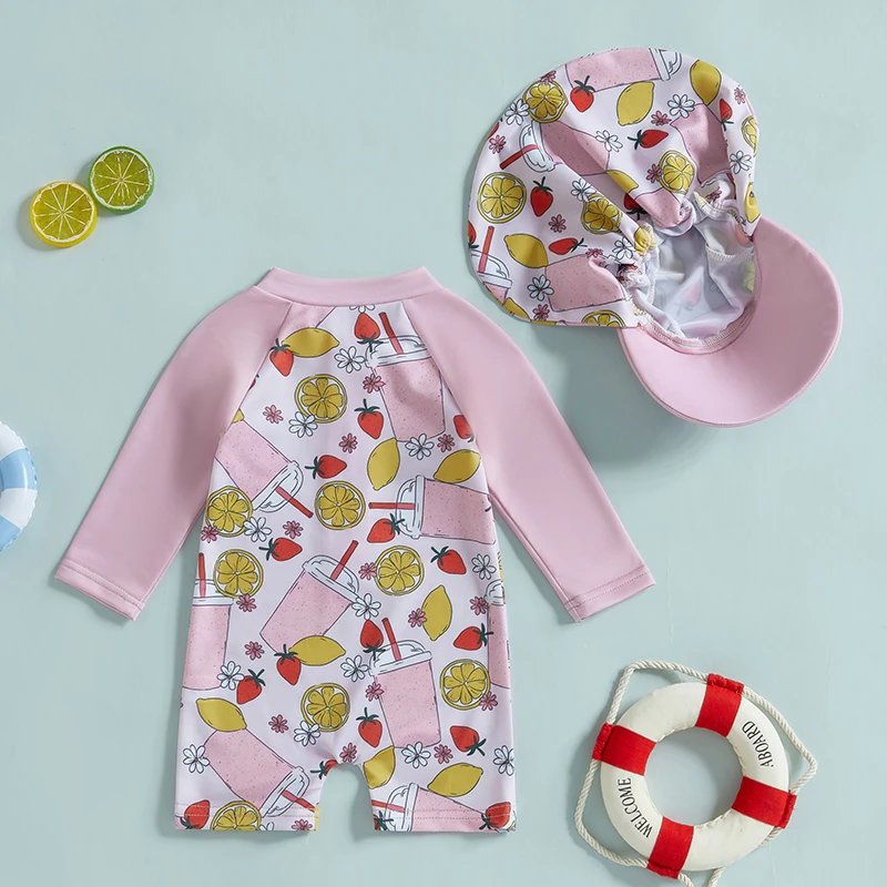 Children s Girl Rash Guard Swimsuits with Cute Fruit Print Long Sleeve Swimwear Set and Matching Sun Hat for Toddler Beachwear