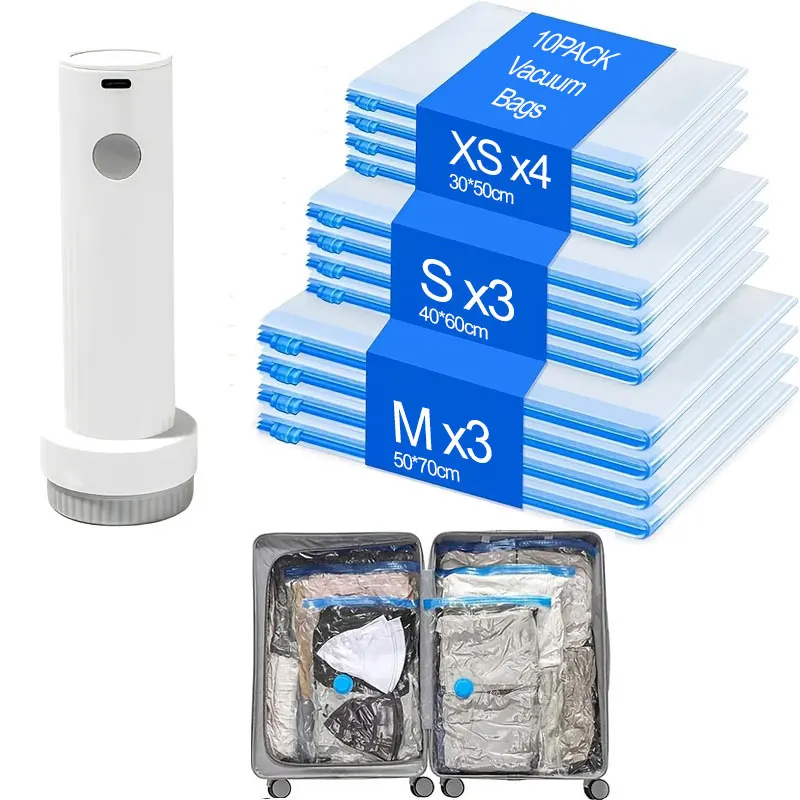 11-teiliges Vakuum-Aufbewahrungsbeutel-Set mit Pumpe 4XS+3S+3M Kompressionsbeutel Wiederverwendbare Platzsparer für Kleidung Decken Bettwäsche Reise Zuhause