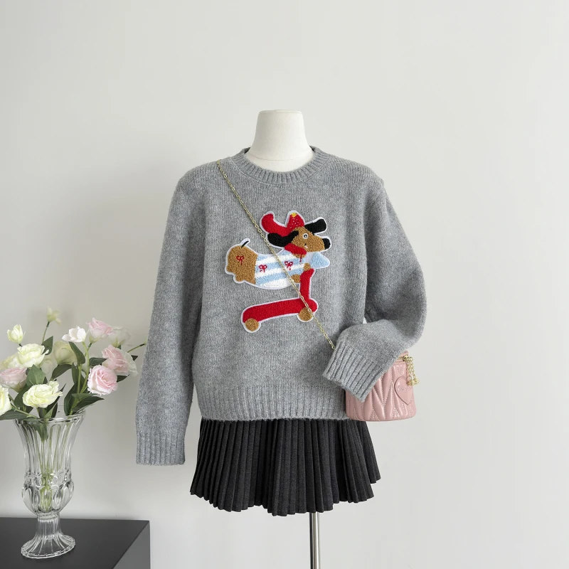 Cute Puppy Embroidered Sweater Women 2024 Autumn Winter New Round-neck Soft Waxy Knitted Sweater Female Pullover Tops