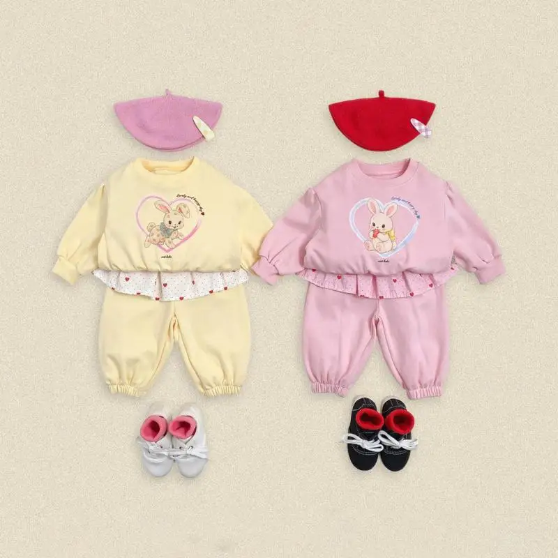 2026 Autumn New Baby Girl Cute Cartoon Clothes Set Kids Girl Rabbit Print Sweatshirt + Pants 2pcs Suit Toddler Outfits