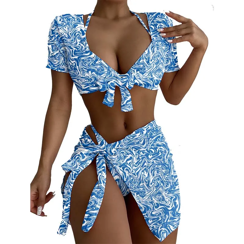 Women's Swimsuit 2022 Summer New Bikini Sexy Holiday Style Split 4-piece Printing Quick Dry Lady Swimwear Short Sleeve Cover Up