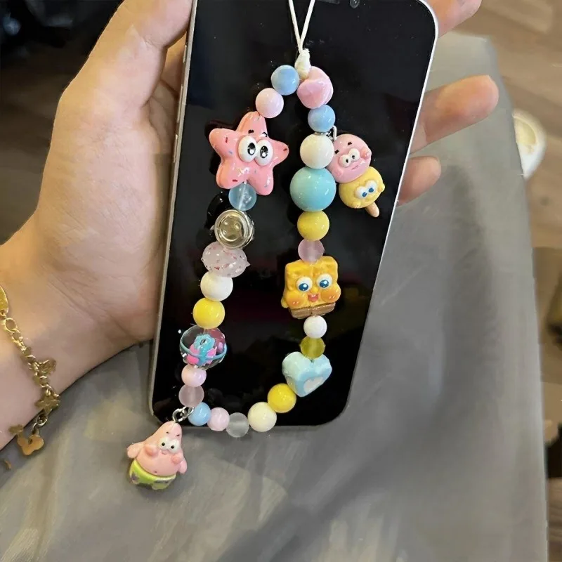 SpongeBob Cell Phone Chain Bag Charm Patrick Cartoon Telephone Hanging Cord Anti-Drop Anime Hanging Rope Beads Pendant Jewelry